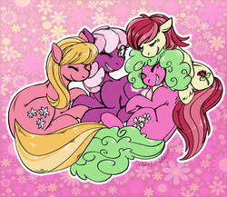 Size: 3000x2601 | Tagged: safe, artist:overlordneon, cheerilee, daisy, flower wishes, lily, lily valley, roseluck, earth pony, pony, g4, cheerily, cheerirose, cheerithree, cheeriwishes, cuddling, female, flower trio, gradient background, high res, lesbian, lilywishes, mare, one eye closed, polyamory, roselily, rosewishes, shipping