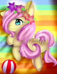 Size: 748x976 | Tagged: safe, artist:yuki-artyt, fluttershy, pegasus, pony, g4, ball, female, floral head wreath, flower, flower in hair, solo