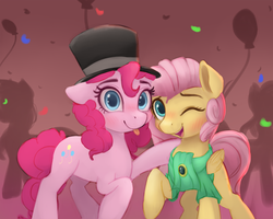 Size: 1000x800 | Tagged: safe, artist:vanillaghosties, fluttershy, pinkie pie, earth pony, pegasus, pony, g4, atg 2017, cute, diapinkes, female, looking at you, mare, newbie artist training grounds, party, shyabetes, silhouette, smiling, tongue out