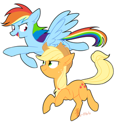 Size: 1800x1857 | Tagged: safe, artist:yaco, applejack, rainbow dash, earth pony, pegasus, pony, g4, cowboy hat, female, flying, hat, looking at each other, running, simple background, white background