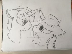 Size: 1024x768 | Tagged: safe, artist:mlpcreationist, oc, oc only, oc:electric arc, oc:moondust night, pony, unicorn, heart eyes, oc x oc, shipping, traditional art, watermark, wingding eyes