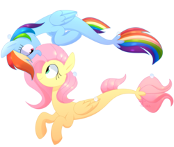 Size: 2502x2125 | Tagged: safe, artist:yaco, fluttershy, rainbow dash, seapony (g4), g4, my little pony: the movie, duo, female, high res, lesbian, seaponified, seapony fluttershy, seapony rainbow dash, ship:flutterdash, shipping, simple background, species swap, transparent background