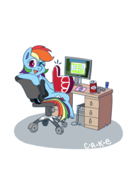Size: 1500x2000 | Tagged: safe, artist:cake-jam, rainbow dash, pegasus, pony, g4, chair, coke, computer, desk, female, foam finger, one eye closed, simple background, sitting, soda, solo, thumbs up, transparent background, wink