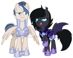 Size: 1024x812 | Tagged: safe, artist:equestria-prevails, artist:ipandacakes, oc, oc only, oc:ice lance, oc:raven shadow, bat pony, pegasus, pony, armor, base used, female, grin, male, mare, night guard, open mouth, raised leg, simple background, smiling, stallion, transparent background