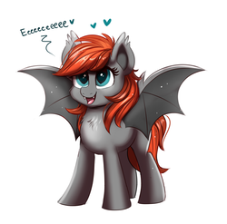 Size: 1154x1139 | Tagged: safe, artist:confetticakez, oc, oc only, oc:grem, bat pony, pony, bat pony oc, chest fluff, cute, ear fluff, eeee, fangs, female, heart, hnnng, mare, open mouth, simple background, smiling, solo, spread wings, white background, wings