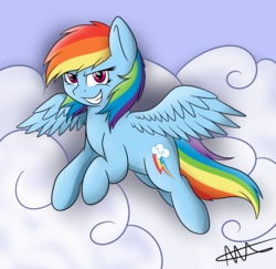Size: 3320x3224 | Tagged: safe, artist:sugarwings-art, rainbow dash, pegasus, pony, g4, cloud, cloudy, female, flying, high res, solo