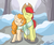 Size: 3600x3000 | Tagged: safe, artist:sugarwings-art, bright mac, pear butter, earth pony, pony, g4, the perfect pear, clothes, cowboy hat, cute, eyes closed, female, hat, high res, love, male, scarf, scene interpretation, shared clothing, shared scarf, ship:brightbutter, shipping, snow, stetson, straight, unshorn fetlocks, winter
