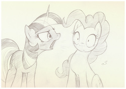 Size: 1008x713 | Tagged: safe, artist:sherwoodwhisper, pinkie pie, twilight sparkle, earth pony, pony, unicorn, g4, duo, grayscale, monochrome, open mouth, pencil drawing, shout, simple background, traditional art, yelling