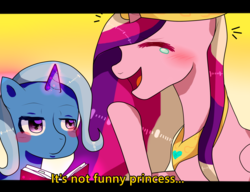 Size: 1712x1312 | Tagged: safe, artist:marian9, princess cadance, trixie, alicorn, pony, unicorn, g4, blushing, bool, crying, eyes closed, female, laughing, mare, open mouth, tears of laughter