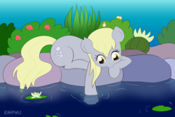 Size: 1000x667 | Tagged: safe, artist:empyu, derpy hooves, pony, g4, 30 minute art challenge, cute, female, mare, pond, solo, water, wingless