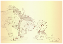 Size: 1073x750 | Tagged: safe, artist:sherwoodwhisper, oc, oc only, oc:eri, pony, unicorn, cape, clothes, duo, female, final fantasy, final fantasy vii, male, mare, monochrome, nanaki, red xiii, traditional art