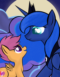 Size: 2550x3300 | Tagged: safe, artist:skyflys, princess luna, scootaloo, alicorn, pegasus, pony, g4, cloud, cloudy, colored pupils, cute, cutealoo, duo, female, filly, high res, looking at each other, mare, moon, night