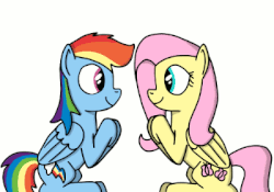 Size: 400x280 | Tagged: safe, artist:hoofclid, fluttershy, rainbow dash, pegasus, pony, g4, animated, boop, clapping, duo, female, gif, lesbian, looking at each other, mare, pattycakes, ship:flutterdash, shipping, simple background, sitting, smiling, white background