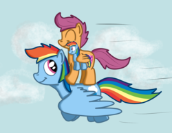 Size: 1080x840 | Tagged: safe, artist:hoofclid, rainbow dash, scootaloo, pegasus, pony, g4, :t, ^^, cloud, cute, duo, eyes closed, female, filly, flying, looking back, mare, plushie, ponies riding ponies, rainbow dash plushie, riding, scootaloo riding rainbow dash, scootalove, sky, smiling, speed lines, spread wings, the cmc's cutie marks, wing hands, wing hold, wings