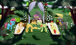 Size: 1800x1080 | Tagged: safe, artist:phuocthiencreation, bright mac, burnt oak, cup cake, grand pear, granny smith, mayor mare, pear butter, earth pony, pony, g4, the perfect pear, alternate timeline, apple, applejack's parents, bad end, casket, chiffon swirl, coffin, commission, crying, dead, dead parents, end of ponies, equestria is doomed, father and daughter, feels, female, flower, food, fridge horror, funeral, male, mare, mother and child, mother and son, non-dyed mayor, pear, reconciliation, rock, romeo and juliet, sad, ship:brightbutter, shipping, stallion, straight, this ended in tears, xk-class end-of-the-world scenario, younger