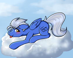 Size: 3000x2400 | Tagged: safe, artist:billysan727, artist:php172, oc, oc only, oc:scrib, pegasus, pony, cloud, collaboration, high res, lying down, male, sky, stallion, tongue out