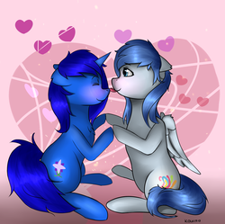Size: 2511x2500 | Tagged: safe, artist:kourma, oc, oc only, oc:delly, oc:graceful motion, pegasus, pony, unicorn, blushing, cute, female, floating heart, heart, high res, lesbian, licking, shipping, sitting, tongue out