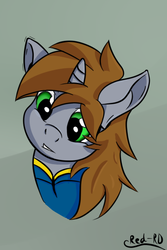 Size: 400x600 | Tagged: safe, artist:red-rd, oc, oc only, oc:littlepip, pony, unicorn, fallout equestria, bust, clothes, fanfic, fanfic art, female, horn, jumpsuit, mare, simple background, solo, teeth, vault suit