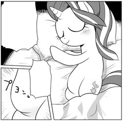 Size: 520x512 | Tagged: safe, artist:k-nattoh, starlight glimmer, pony, unicorn, comic:ponicosu, g4, belly, blanket, chubby, cute, drool, female, glimmerbetes, japanese, monochrome, pillow, sample, sleeping, solo