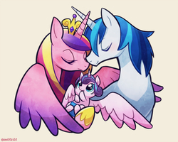 Size: 800x640 | Tagged: safe, artist:awbt, princess cadance, princess flurry heart, shining armor, alicorn, pony, unicorn, g4, boop, cute, eyes closed, family, female, filly, flurrybetes, male, mare, pixiv, ship:shiningcadance, shipping, simple background, spread wings, stallion, straight, trio, white background, wings