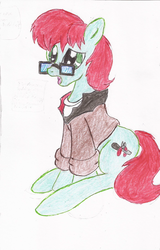 Size: 1404x2200 | Tagged: safe, artist:wyren367, oc, oc only, oc:scratch build, earth pony, pony, clothes, confused, glasses, jacket, male, open mouth, simple background, sitting, stallion, traditional art, white background