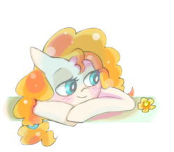 Size: 981x856 | Tagged: safe, artist:pinkablue, pear butter, earth pony, pony, g4, the perfect pear, blushing, buttercup, female, mare, pom pom, solo