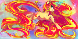 Size: 3464x1732 | Tagged: safe, artist:wilvarin-liadon, sunset shimmer, pony, unicorn, g4, :t, abstract background, color porn, female, glowing horn, horn, impossibly large mane, impossibly large tail, impossibly long mane, impossibly long tail, jumping, lidded eyes, long mane, magic, mare, smiling, solo