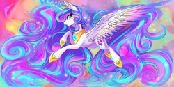 Size: 3464x1732 | Tagged: safe, artist:wilvarin-liadon, princess flurry heart, alicorn, pony, g4, abstract background, adult, adult flurry heart, color porn, colored wings, female, mare, multicolored wings, older, older flurry heart, smiling, solo, wallpaper