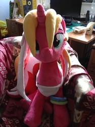 Size: 3264x2448 | Tagged: safe, artist:nazegoreng, oc, oc only, oc:starsweep sweetsky, pony, armchair, chair, computer, high res, irl, looking at you, photo, plushie, sitting, smiling