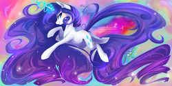 Size: 3464x1732 | Tagged: safe, artist:wilvarin-liadon, rarity, pony, unicorn, g4, abstract background, color porn, female, long mane, long tail, magic, mare, smiling, solo