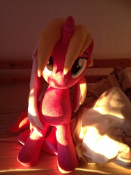 Size: 3264x2448 | Tagged: safe, artist:nazegoreng, oc, oc only, oc:starsweep sweetsky, pony, bed, bedsheets, high res, irl, looking at you, photo, plushie, sunshine