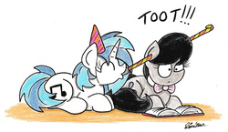 Size: 2074x1202 | Tagged: safe, artist:bobthedalek, dj pon-3, octavia melody, vinyl scratch, pony, g4, book, hat, party hat, party horn, surprised, toot, traditional art