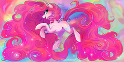 Size: 3464x1732 | Tagged: safe, artist:wilvarin-liadon, pinkie pie, earth pony, pony, g4, abstract background, color porn, female, long mane, long tail, mare, no ground, psychedelic, solo, watermark