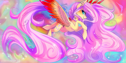 Size: 3464x1732 | Tagged: safe, artist:wilvarin-liadon, fluttershy, pegasus, pony, g4, abstract background, color porn, colored wings, female, long mane, long tail, looking at you, mare, multicolored wings, profile, smiling, solo, spread wings, wallpaper, wings