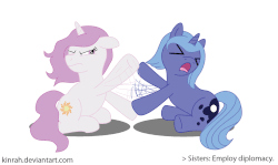 Size: 1071x637 | Tagged: safe, artist:kinrah, princess celestia, princess luna, pony, unicorn, g4, ><, animated, cewestia, diplomacy, duo, eyes closed, female, fight, filly, filly celestia, filly luna, gif, pink-mane celestia, royal sisters, sissy slap fight, tantrum, woona, younger