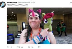 Size: 559x381 | Tagged: safe, oc, oc:miss night star, oc:newsie, human, bronycon, brony, chris chan, clothes, cosplay, costume, horse news, irl, irl human, only the dead can know peace from this evil, photo, plushie