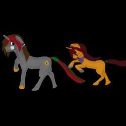 Size: 2289x2289 | Tagged: safe, artist:anonymous, oc, oc only, oc:rem move, oc:vlad move, pony, unicorn, /mlpol/, bandage, bow, bowtie, clothes, duo, female, filly, high res, male, mare, ponytail, shoes, siblings, stallion