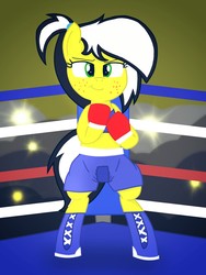 Size: 1200x1600 | Tagged: safe, alternate version, artist:toyminator900, derpibooru exclusive, oc, oc only, oc:uppercute, earth pony, pony, bipedal, boxing, boxing gloves, clothes, freckles, midriff, solo, sports bra