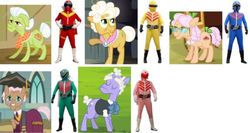 Size: 709x378 | Tagged: safe, apple rose, goldie delicious, granny smith, randolph, rusty tenure, earth pony, pony, g4, himitsu sentai goranger, super sentai