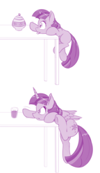Size: 800x1386 | Tagged: safe, artist:dstears, twilight sparkle, alicorn, pony, unicorn, g4, art, chocolate, chocolate milk, cookie, cookie jar, cute, everything is ruined, female, filly, filly twilight sparkle, food, hnnng, mare, milk, monochrome, pure unfiltered evil, purple, purple smart, reaching, tongue out, twiabetes, twilight sparkle (alicorn), twilight stealing a chocolate milk, twilight stealing a cookie, unicorn twilight, younger