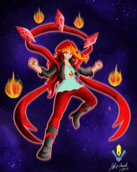 Size: 8400x10561 | Tagged: dead source, safe, artist:penspark, sunset shimmer, equestria girls, g4, absurd resolution, clothes, female, fiery shimmer, fire, jacket, leather jacket, magic, pants, solo