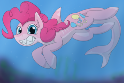 Size: 2400x1600 | Tagged: safe, artist:dudey64, pinkie pie, original species, pony, shark pony, g4, bubble, crepuscular rays, dorsal fin, fin, fish tail, flowing mane, flowing tail, gills, grin, looking at you, ocean, scales, seaweed, sharkified, sharp teeth, smiling, smiling at you, solo, species swap, sunlight, swimming, tail, teeth, underwater, water