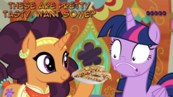 Size: 1366x768 | Tagged: safe, edit, saffron masala, twilight sparkle, alicorn, pony, g4, dialogue, food, freaking out, quesadilla, the tasty treat, they're just so cheesy, twilight sparkle (alicorn)