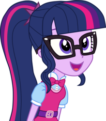 Size: 1580x1802 | Tagged: safe, artist:razthor, sci-twi, twilight sparkle, equestria girls, g4, my little pony equestria girls: summertime shorts, subs rock, belt, bowtie, clothes, cute, female, glasses, inkscape, open mouth, ponytail, simple background, solo, transparent background, twiabetes, vector