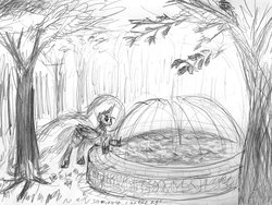 Size: 2032x1524 | Tagged: safe, artist:xbi, princess celestia, alicorn, pony, g4, 30 minute art challenge, female, fountain, garden, pencil drawing, solo, traditional art, tree