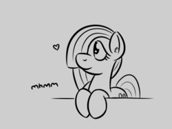 Size: 400x300 | Tagged: safe, artist:glimglam, marble pie, earth pony, pony, g4, ear fluff, female, gray background, grayscale, hair over one eye, heart, mare, monochrome, simple background, smiling, solo