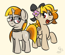 Size: 536x454 | Tagged: safe, artist:glimglam, oc, oc only, oc:candy, oc:colleen, pegasus, pony, unicorn, atari, bow, ear piercing, female, flower, glasses, hair bow, piercing, ponified, simple background, twins