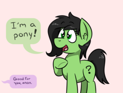 Size: 800x600 | Tagged: safe, artist:glimglam, oc, oc only, oc:anon, oc:filly anon, earth pony, pony, dialogue, female, filly, offscreen character, open mouth, simple background, solo