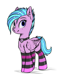 Size: 1214x1430 | Tagged: safe, artist:shydale, oc, oc only, oc:apriori, pegasus, pony, choker, clothes, ear piercing, female, freckles, mare, piercing, smiling, socks, solo, striped socks, teenager