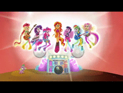 Size: 640x480 | Tagged: safe, edit, screencap, adagio dazzle, applejack, aria blaze, dj pon-3, fluttershy, pinkie pie, rainbow dash, rarity, sonata dusk, spike, sunset shimmer, twilight sparkle, vinyl scratch, dog, equestria girls, g4, my little pony equestria girls: rainbow rocks, animated, aura, bahamut, crisis core final fantasy vii, epic, fin wings, final fantasy, magic, ponied up, rainbow lumen, sound, spike the dog, summoning, the dazzlings, the rainbooms, webm